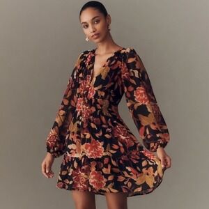 Anthropologie Somerset Mini Dress Black Floral Long Sleeve V-Neck Small Adaptive